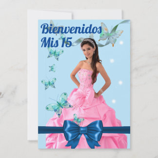 Convite  QUINCEAÑERA 15th BIRTHDAY CARD, BLUE BUTTERFLY