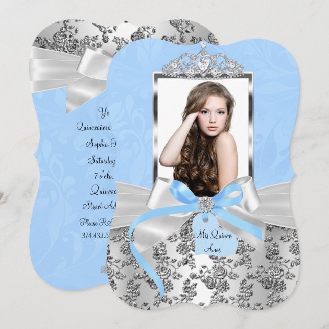 Convite Quinceanera 1 - Rosa do Arco de Prata Azul Elegant (Frente/Verso)