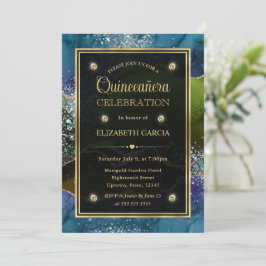 Convite Quinceanera Ágata Brilhante Azul, Verde e Dourado