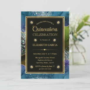 Convite Quinceanera Ágata Brilhante Azul, Verde e Dourado