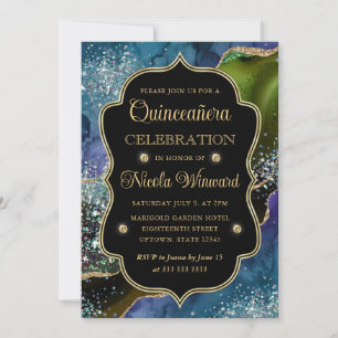 Convite Quinceanera Ágata Brilhante Azul, Verde e Dourado