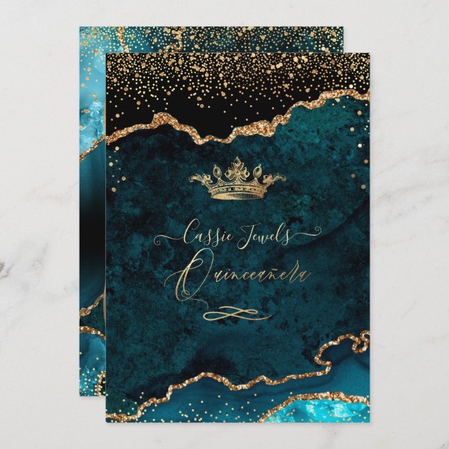 Convite Quinceanera, Agato Azul Teal Faux Confetti Dourado (Frente/Verso)