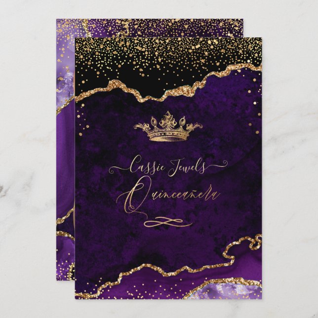 Convite Quinceanera, Agato Roxo Faux Dourado Confetti Invi (Frente/Verso)