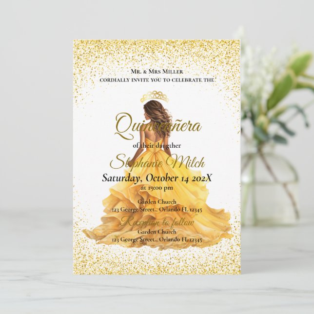 Convite Quinceanera amarela elegante (Em pé/Frente)