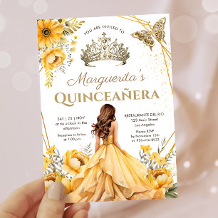 Convite Quinceañera Amarela Floral Tiara Dourada Princesa