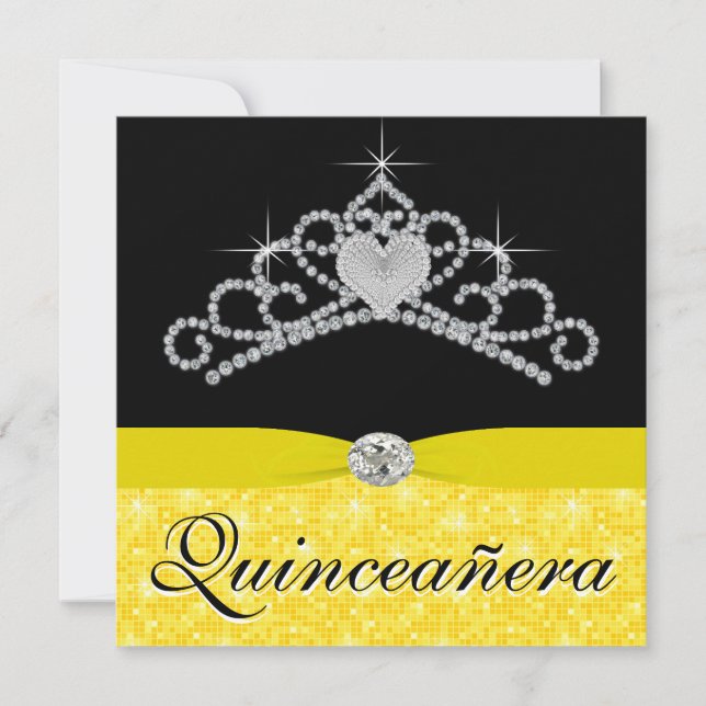 Convite Quinceanera Amarelo-Negro Tiara (Frente)