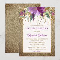 Convite Quinceanera Amethyst Floral Dourado Espelh