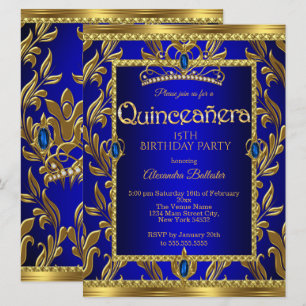 Convite Quinceanera Aniversário Azul Royal Jóia Tiara Dour