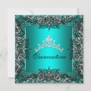 Convite Quinceanera Aniversário de 15 Anos Azul Teal Preto