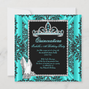 Convite Quinceanera Aniversário de 15 Anos Azul Teal Renda