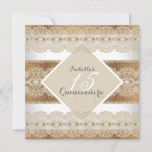 Convite Quinceanera Aniversário de 15 anos bege lace Burla
