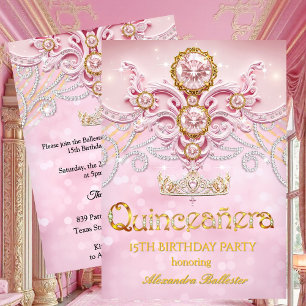 Convite Quinceanera Aniversário de 15 anos Rosa Dourado Ex