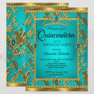 Convite Quinceanera Aniversário de 15 anos Tiara Azul Turq