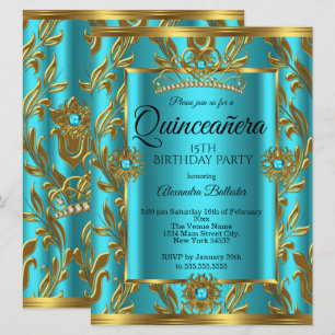 Convite Quinceanera Aniversário de 15 anos Tiara Azul Turq