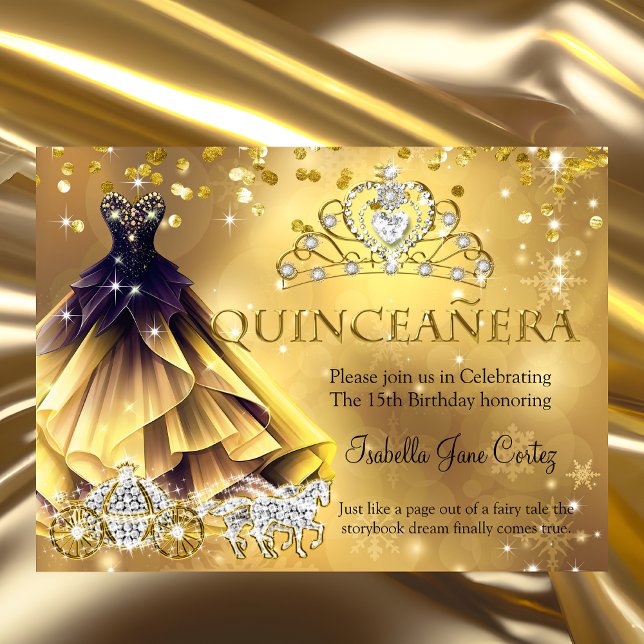 Convite Quinceanera Aniversário Dourado Vestido Tiara Carr (Criador carregado)