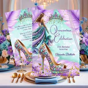 Convite Quinceanera Aniversário Lilás Turquesa Tiara Salto