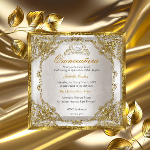 Convite Quinceanera Aniversário Ouro Bege Pérola Damasco