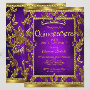 Convite Quinceanera Aniversário Roxo Azul Tiara Dourado
