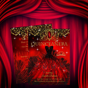 Convite Quinceanera Aniversário Tiara Preto Vermelho Penas