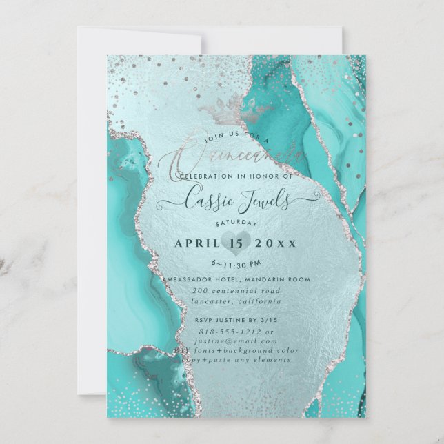 Convite Quinceanera, Aqua Blue Agate Faux Silver Confetti (Verso)