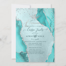 Convite Quinceanera, Aqua Blue Agate Faux Silver Confetti