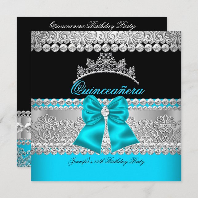 Convite Quinceanera Aqua Blue Diamond Lace Festa de aniver (Frente/Verso)
