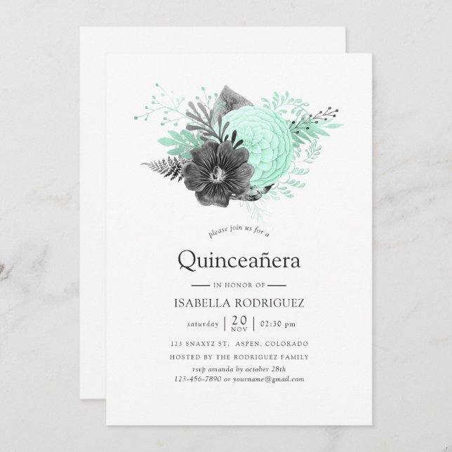 Convite Quinceañera Aqua e Carvão Floral (Frente/Verso)
