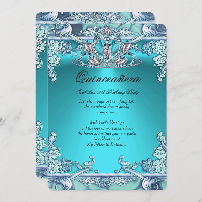 Convite Quinceanera Aqua Teal 15 Festa de aniversário (Frente/Verso)