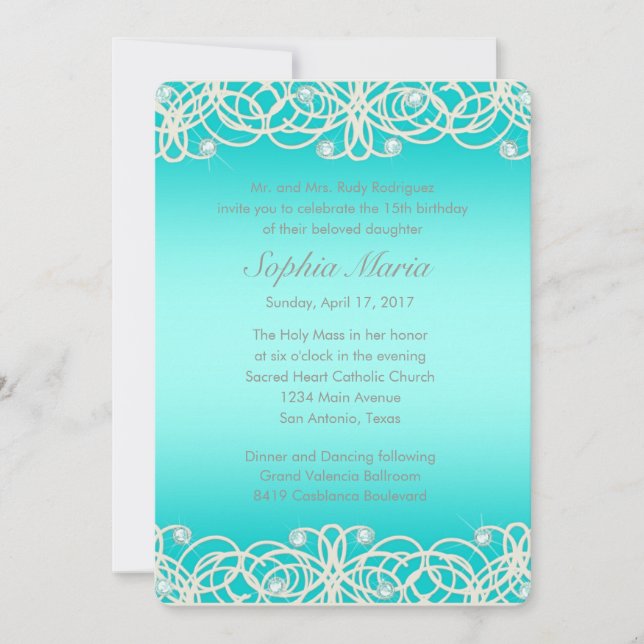 Convite Quinceanera Aqua Turquoise Sparkle e Lace (Frente)