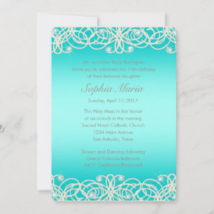Convite Quinceanera Aqua Turquoise Sparkle e Lace