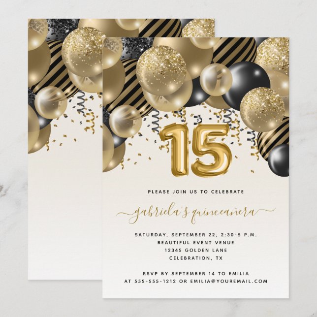 Convite Quinceañera Arco de Balão Preto Dourado (Frente/Verso)
