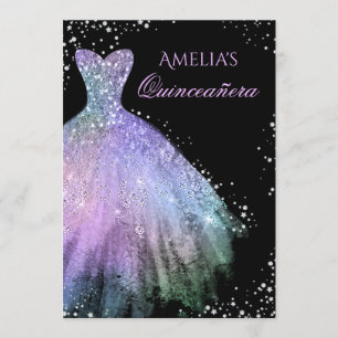 Convite Quinceanera Arco-Íris de Vestido Brilhante