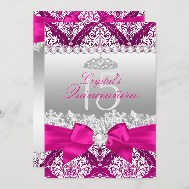 Convite Quinceanera, Arco Rosa Quente, Damask & Pearl, Con (Frente/Verso)