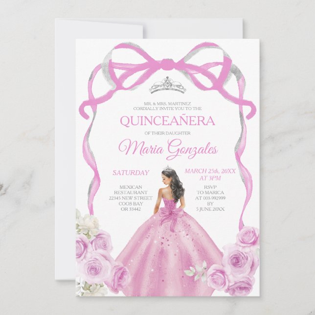 Convite Quinceañera, Arco Rosa Suave Princesa Silver Crown (Frente)