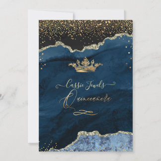Convite Quinceanera Ardósia Azul Ágata Faux Ouro Pó