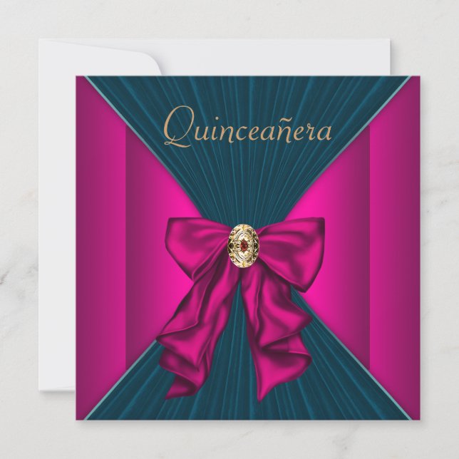 Convite Quinceanera Azul Aqua e Rosa Quente (Frente)
