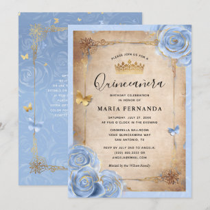 Convite Quinceanera Azul-Bebê-Luz e Rosa-Elegante Dourado