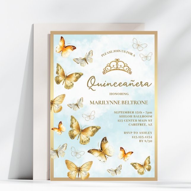 Convite Quinceañera azul-borboleta Dourada elegante (Criador carregado)
