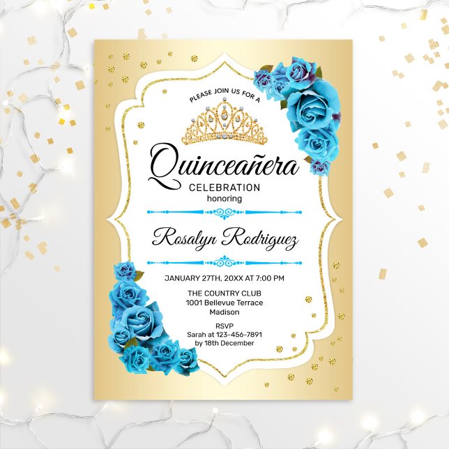 Convite Quinceanera - Azul Branco Dourado (Criador carregado)