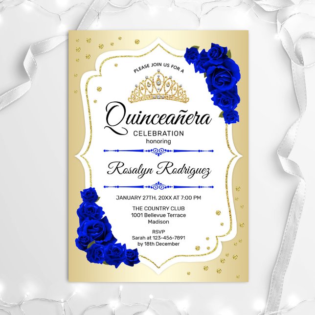 Convite Quinceanera - Azul Branco Dourado (Criador carregado)
