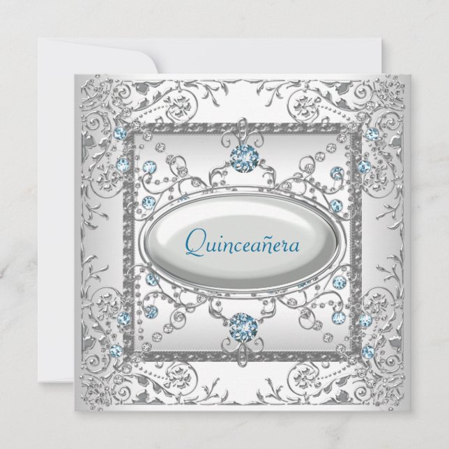 Convite Quinceanera Azul Claro Branco (Frente)