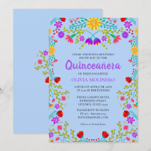 Convite Quinceanera Azul Claro Flores Mexicanas Aniversári
