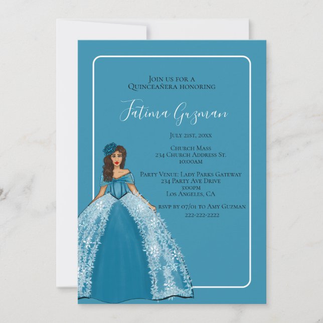Convite Quinceañera Azul Com Farinha (Frente)