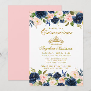 Convite Quinceanera Azul Cor-de-rosa Dourada Floral