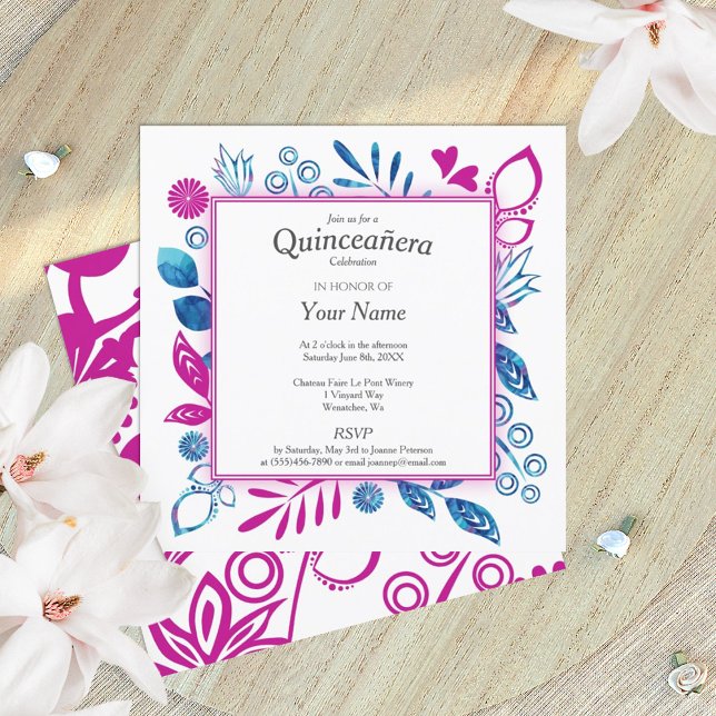 Convite Quinceañera Azul Cristal e Rosa Quente (royal blue, magenta berry pink floral quinceanera invitation)
