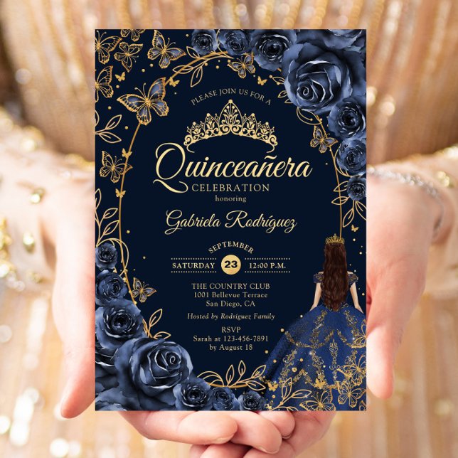 Convite Quinceanera Azul Dourado Borboletas Rosas (Criador carregado)