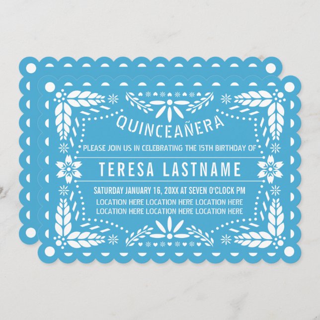 Convite Quinceañera azul e branco com papel picado (Frente/Verso)