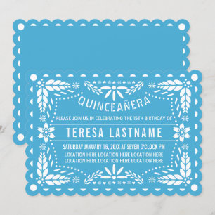 Convite Quinceañera azul e branco com papel picado