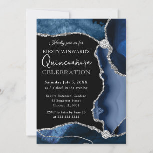 Convite Quinceanera Azul e Prata com Brilho Falso de Ágata