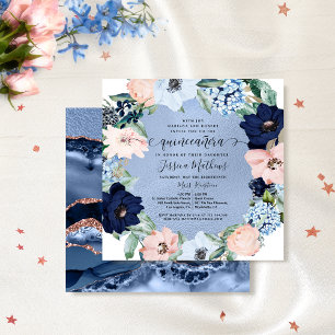 Convite Quinceañera Azul Elegante e Rosa, Floral
